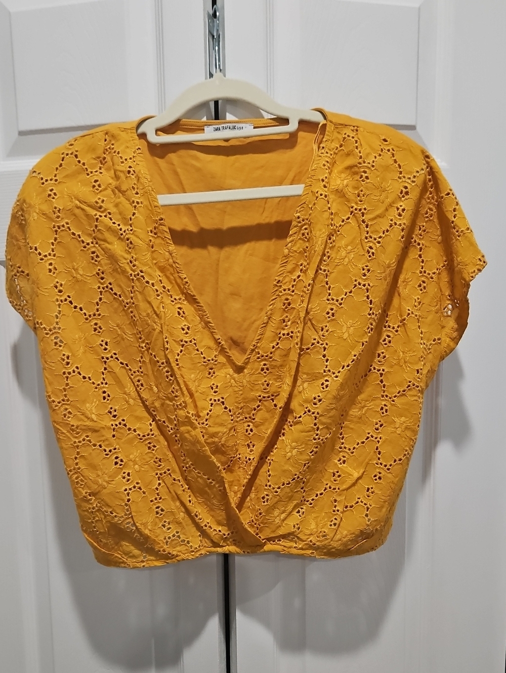 Zara Mustard Deep V Eyelet Cropped Top